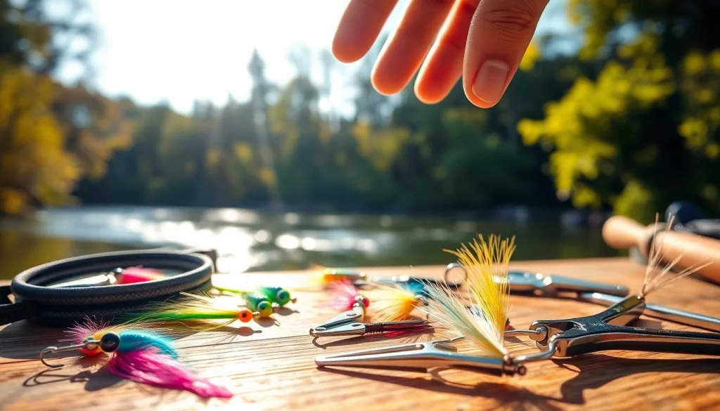 Showcase of Fly fishing accessories including lures and nippers on a table by a river.